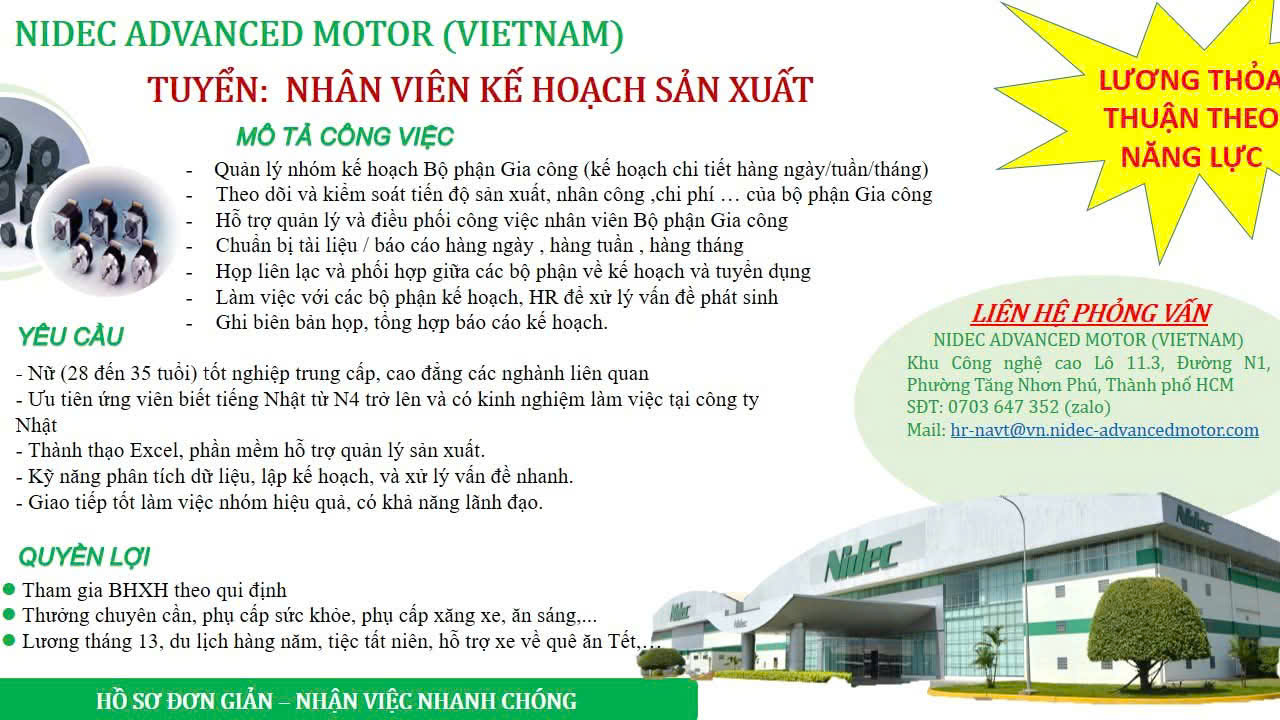 TIẾNG NHẬT TDC: NIDEC ADVANCED MOTOR THÔNG BÁO TUYỂN DỤNG